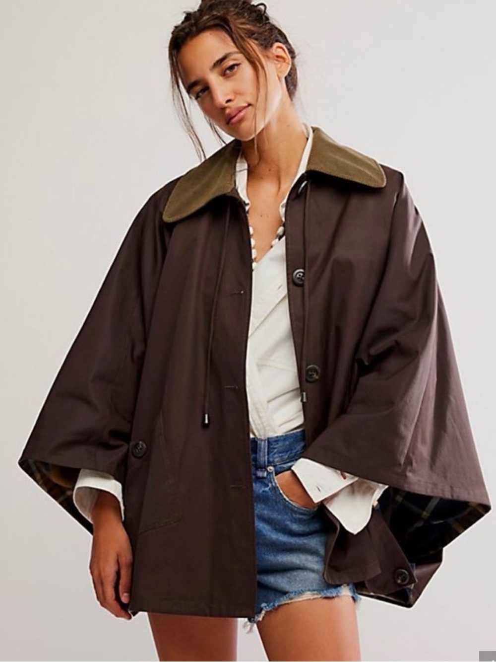 Free People Brown Bailey Cape Jacket with Olive Contrast Collar